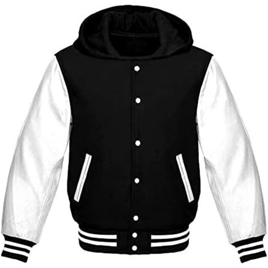 Black and white varsity jacket with a hood on a white background