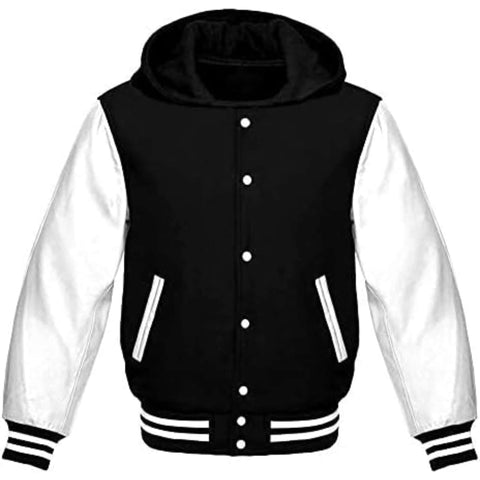 Varsity Hoodie Jacket Black Wool & White Leather Bomber