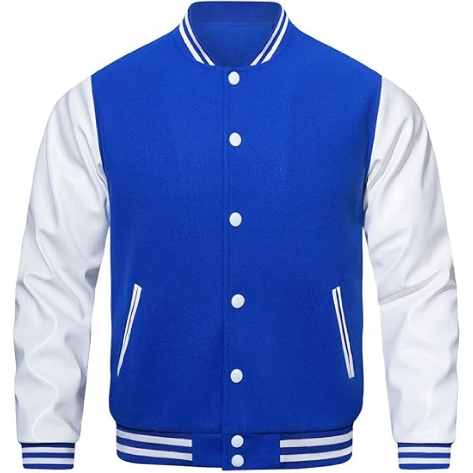 Blue and white varsity jacket with buttons on a white background
