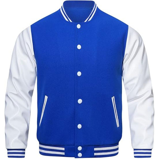 Blue and white varsity jacket with buttons on a white background