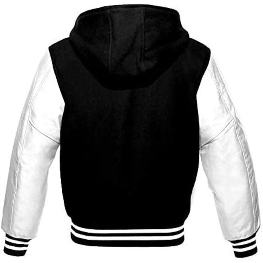 Black and white varsity jacket with hood on a white background