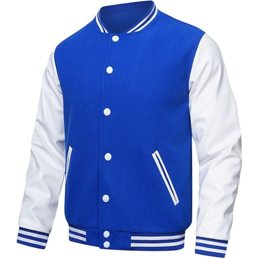 Blue and white varsity jacket on a white background