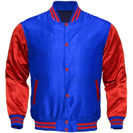 Blue and red varsity jacket on a white background