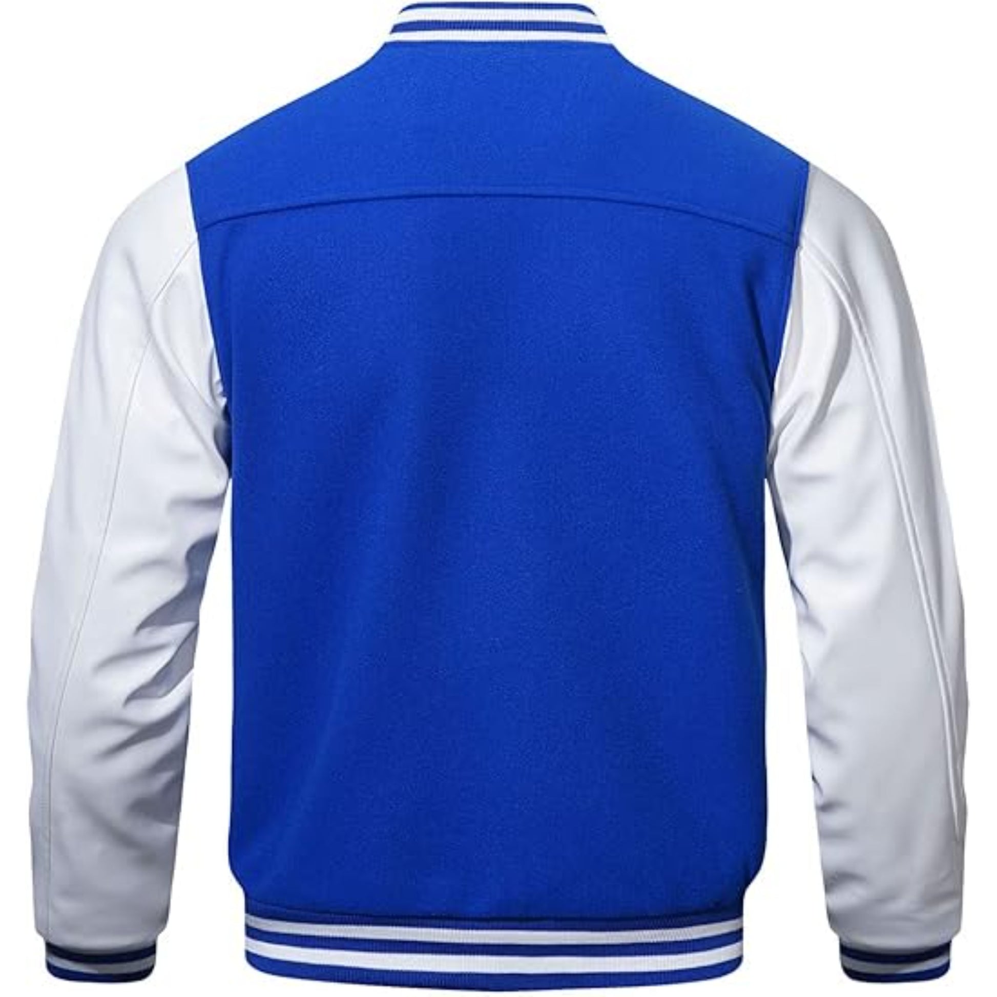 Blue and white varsity jacket on a white background