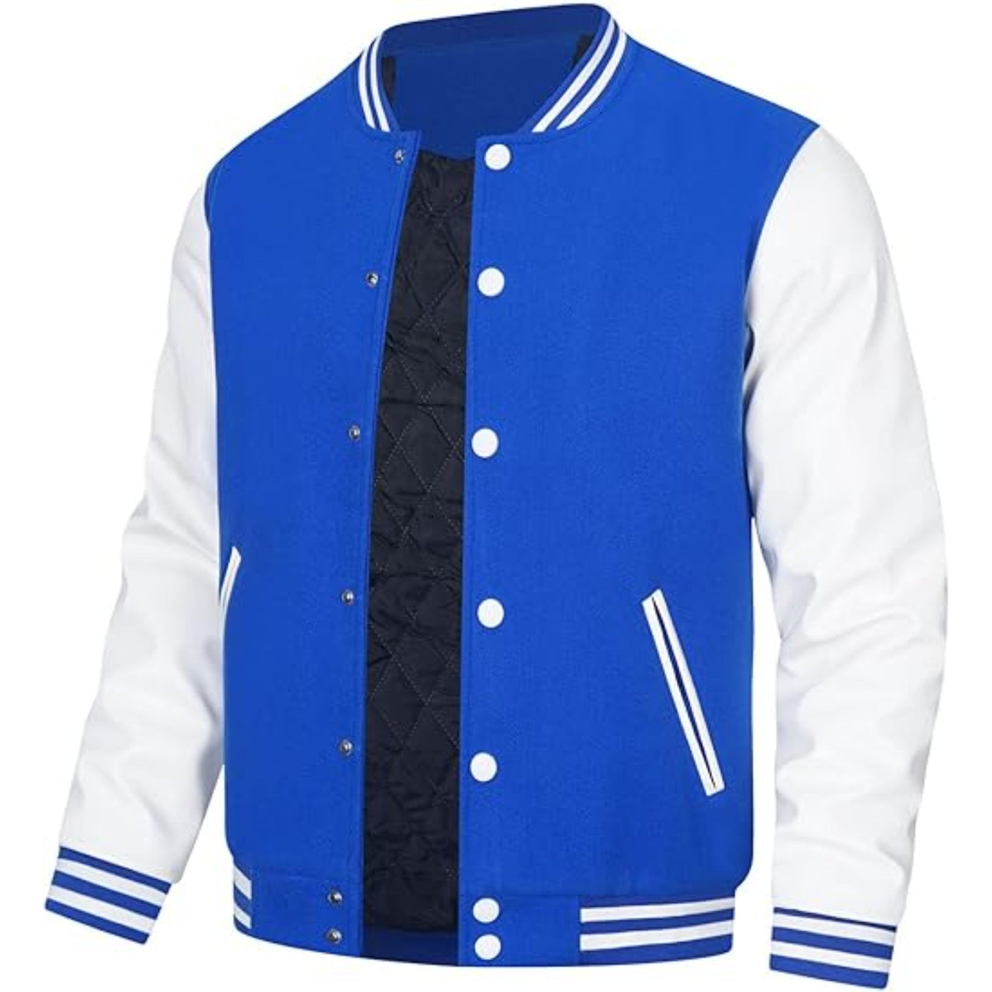 Blue and white varsity jacket with quilted black back on a white background