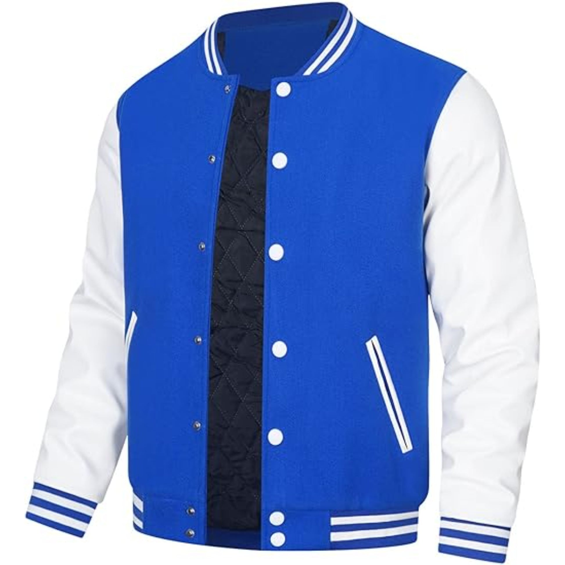 Blue and white varsity jacket with quilted black back on a white background