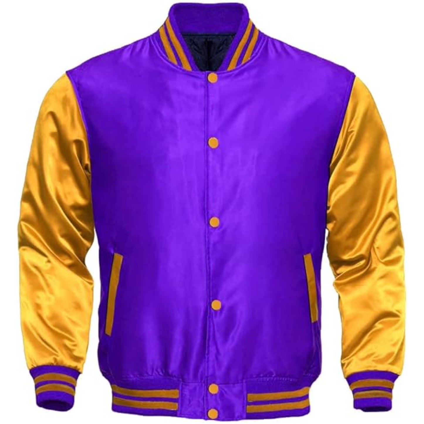 Purple and yellow varsity jacket on a white background