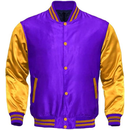 Purple and yellow varsity jacket on a white background