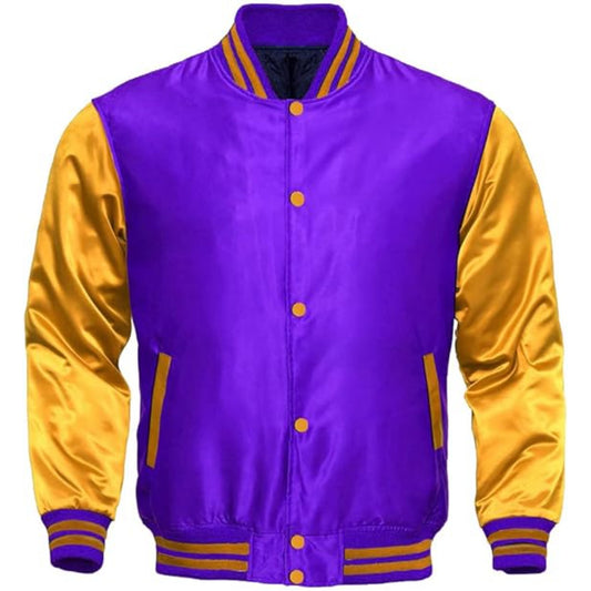 Purple and yellow varsity jacket on a white background