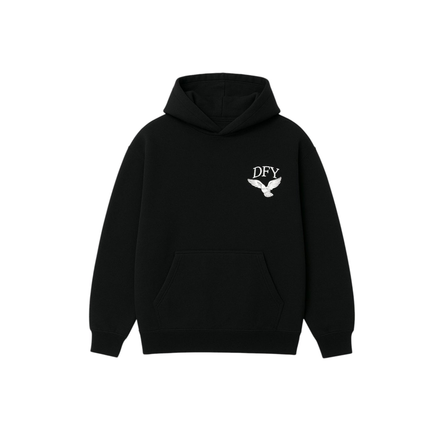 Black hoodie with a logo on the back on a white background