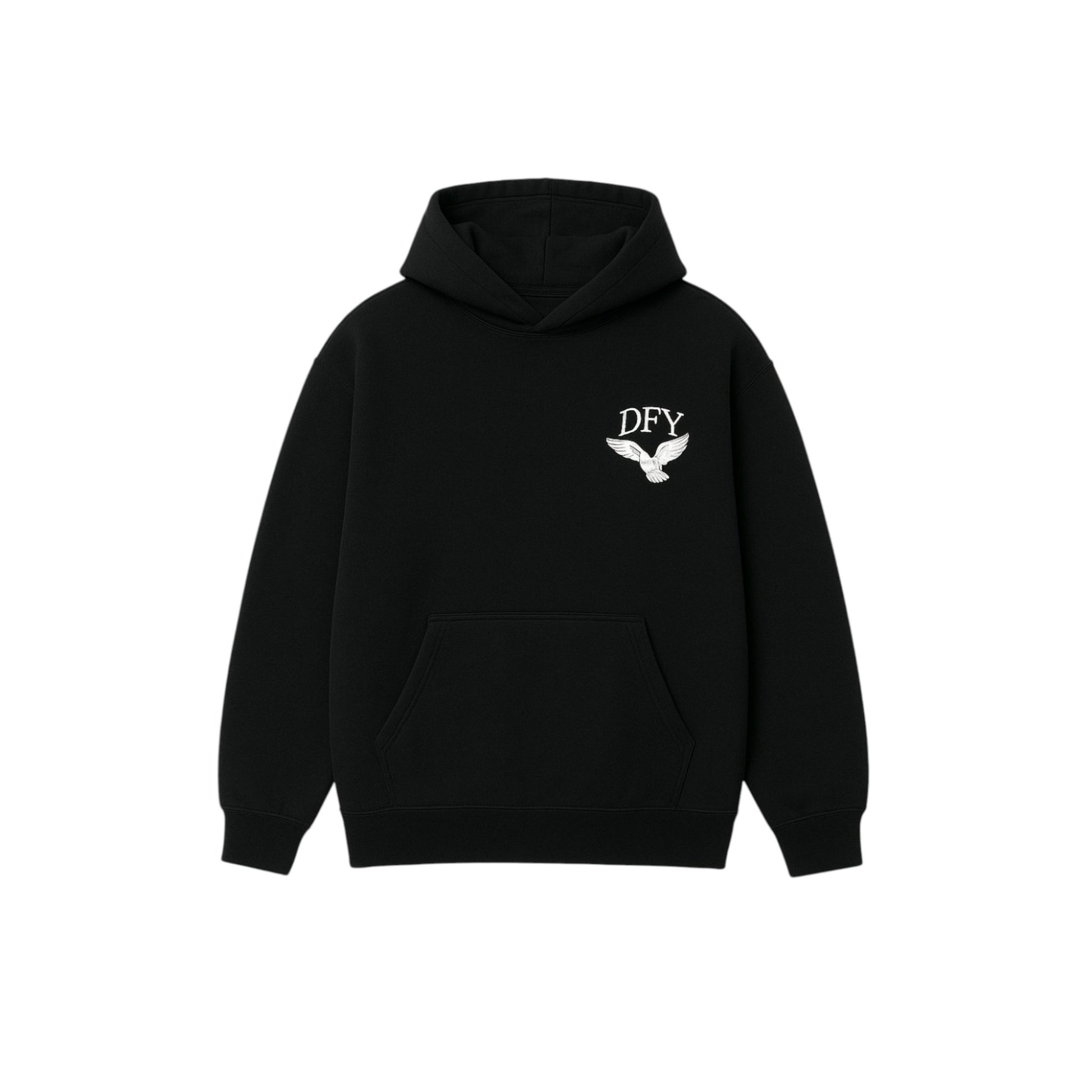 Black hoodie with a logo on the back on a white background