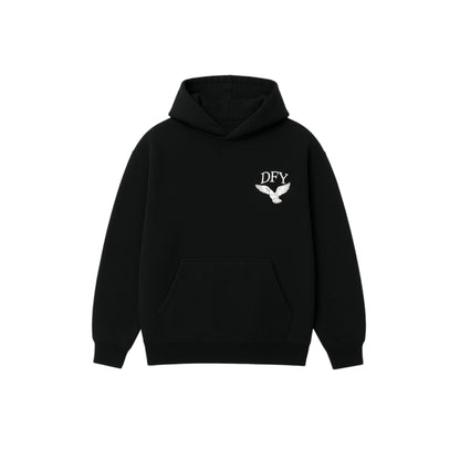 Black hoodie with a logo on the back on a white background