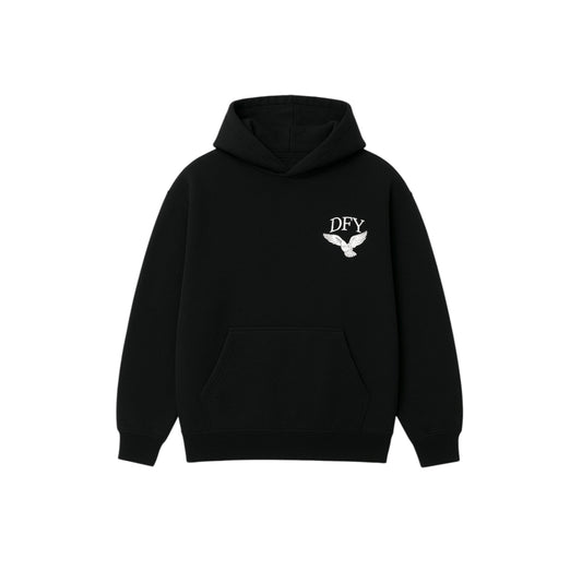 Black hoodie with a logo on the back on a white background