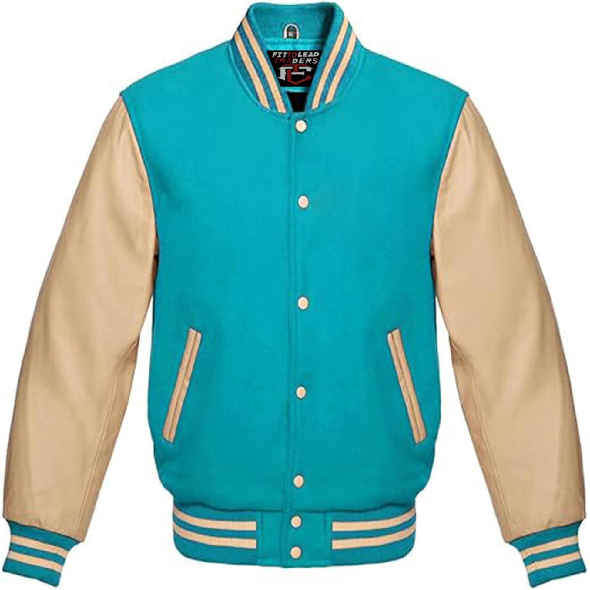 Teal and beige varsity jacket on a white background