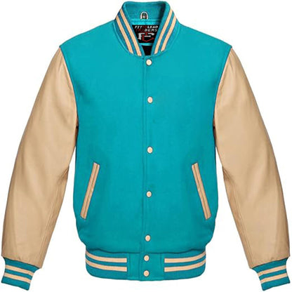 Teal and beige varsity jacket on a white background