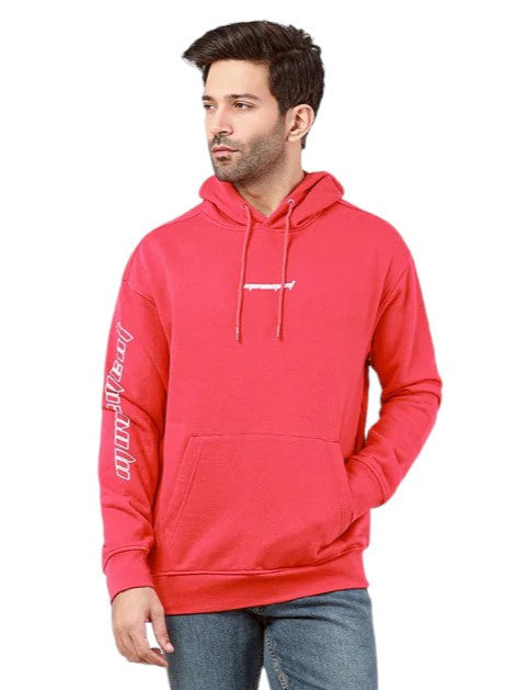 Man wearing a red hoodie with a logo on a white background