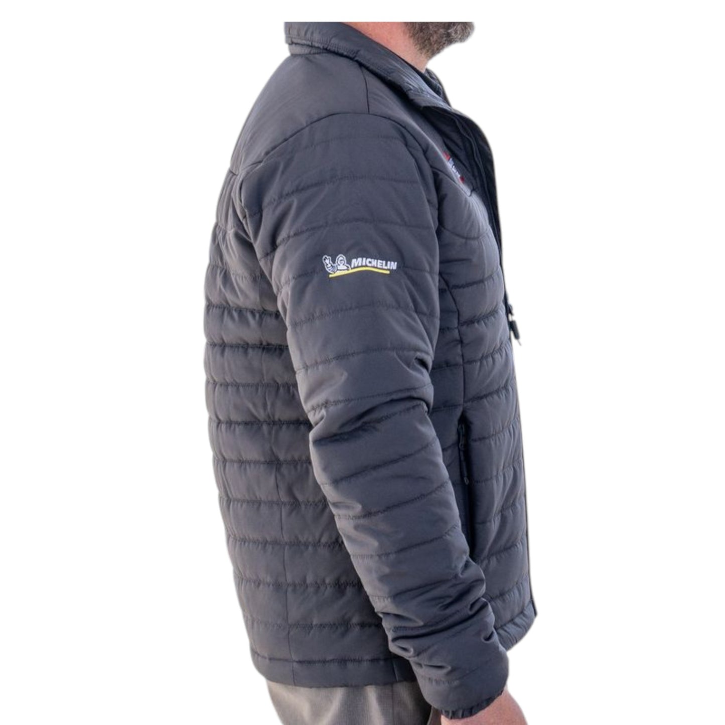 Side view of RF Men's C8 Stormtech lightweight puffy jacket for men, showcasing its insulated design.