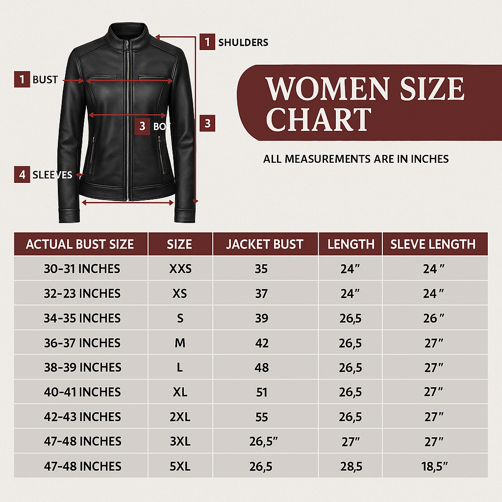 Women's leather jacket size chart with measurements