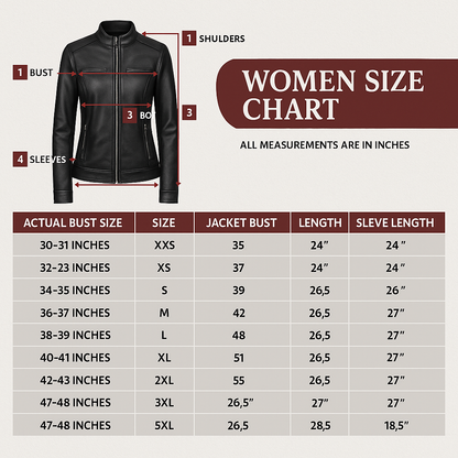 Women's leather jacket size chart with measurements