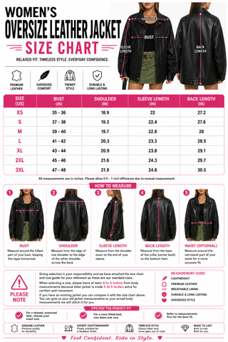 A women's oversized leather jacket size chart infographic showing body measurements in inches for sizes XS through 3XL, with front and back views of a model wearing the jacket and numbered measurement guides.